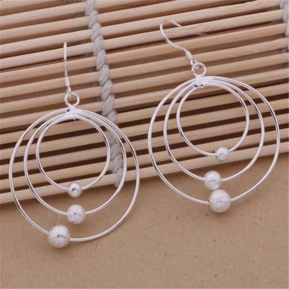 Gorgeous 3 Circles with Beads Hanging Earrings, Sterling Silver "Hypoallergenic" - Picture 3 of 8